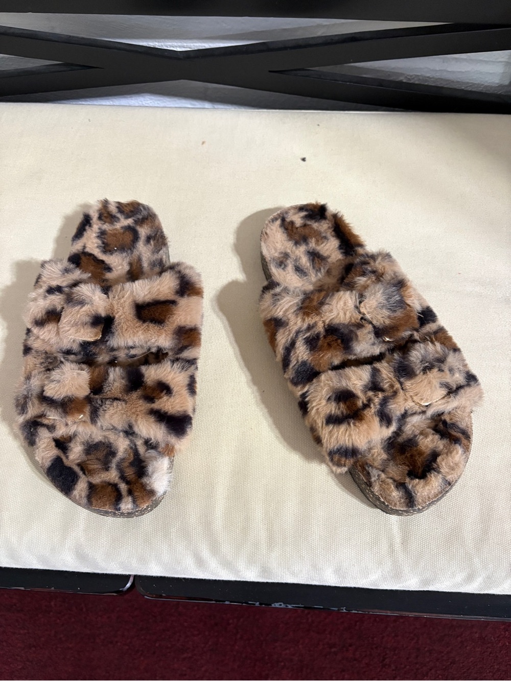 Faux Fur Leopard Print Slide Sandals - Women